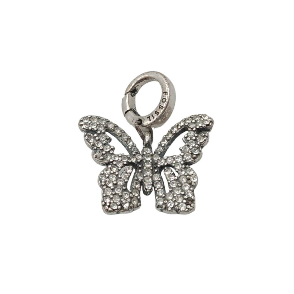 Fossil Rhinestone Butterfly Pendant Silver Tone Vtg Charm Whimsical Dainty Boho